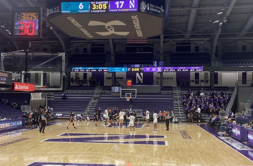 The Northwestern women's basketball team plays against Chicago State in front of a nearly empty student section.