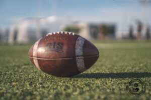 a football rests on a field