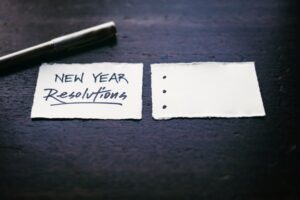 A card with "new year resolutions" written on it.