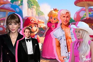 Collage from left to right: Taylor Swift, Joe Alwyn, Mario, Luigi, Ryan Gosling as Ken, and Margot Robbie as Barbie.