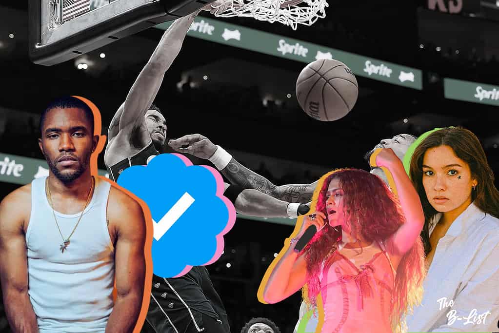 A blue check mark, Zendaya, and other figures overlaid on top of a basketball player making a basket