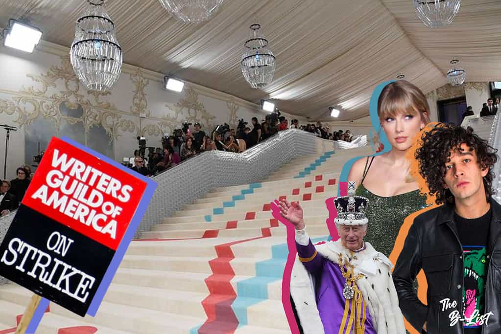 The stairs at the Met Gala, with Taylor Swift and Matty Healy and a Writers Guild of America strike sign