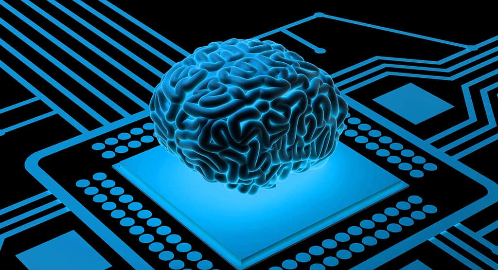 A visual depiction of artificial intelligence: a brain on a computer chip