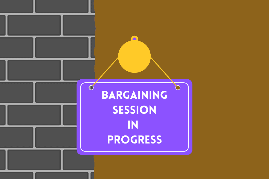 A graphic of a brick wall and brown door with a purple sign on the knob that says "Bargaining Session in Progress"