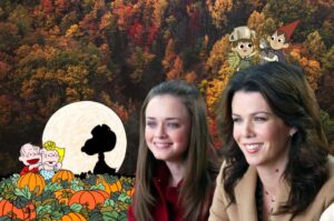 A collage containing a scene from "It's the Great Pumpkin, Charlie Brown," Rory and Lorelai from "Gilmore Girls," and Wirt and Greg from "Over the Garden Wall" over a colorful fall background.