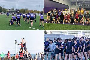 Four photos of women and men playing rugby