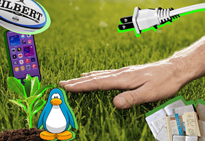 A collage of a hand touching grass, a rugby ball, an iPhone, the Club Penguin mascot, and a cord unplugged