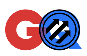 Image of the GQ logo, which is the letters GQ, on in red and the other in blue, in a sans serif font. The Q has the Pitchfork logo as the circle; the Pitchfork logo is a circle with a slightsly smaller circle inside, and three arrows in the circles pointing diagonally upwards to the right.