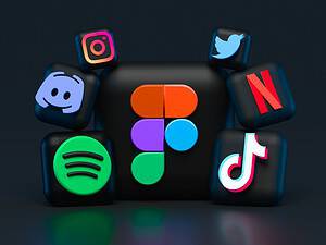 Various app logos, including Spotify, TikTok, Netflix, Instagram, Twitter, and Discord float on matte black shapes in front of a blurry phone home screen.