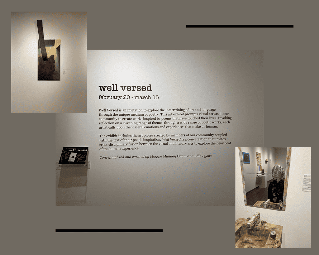 Gray background with picture of well versed exhbit description in middle of page. Top left corner is a painting with a black rectangle jutting off of the campus. In the bottom right, a picture of a sculpture of a boy looking at the mirror.