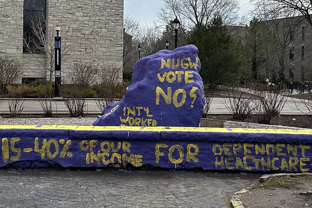 Northwestern Rock painted with "NUGW Vote No"