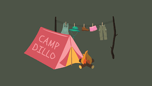 a pink tent with the words camp dillo on it with a bonfire next to it and behind it is camping clothes being airdyed against a forest green background