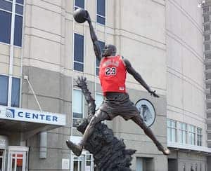 A statue of a dunking Michael Jordan outside the United Center.