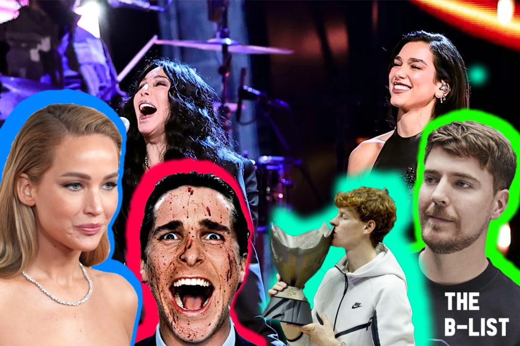 Jennifer Lawrence, Christian Bale as Patrick Bateman, Jannik Sinner, and MrBeast in front of Cher and Dua Lipa at the Rock & Roll Hall of Fame induction ceremony.