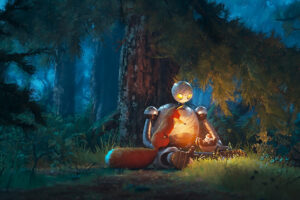 A robot holding a young goose in her hand while sitting next to a fox in the woods