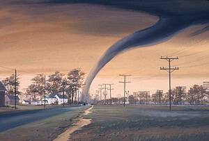 A tornado in the distance threatens houses and telephone poles