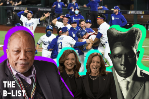 Quincy Jones, Maya Rudolph, Kamala Harris, and Tyler, the Creator in front of the Los Angeles Dodgers celebrating their World Series win.